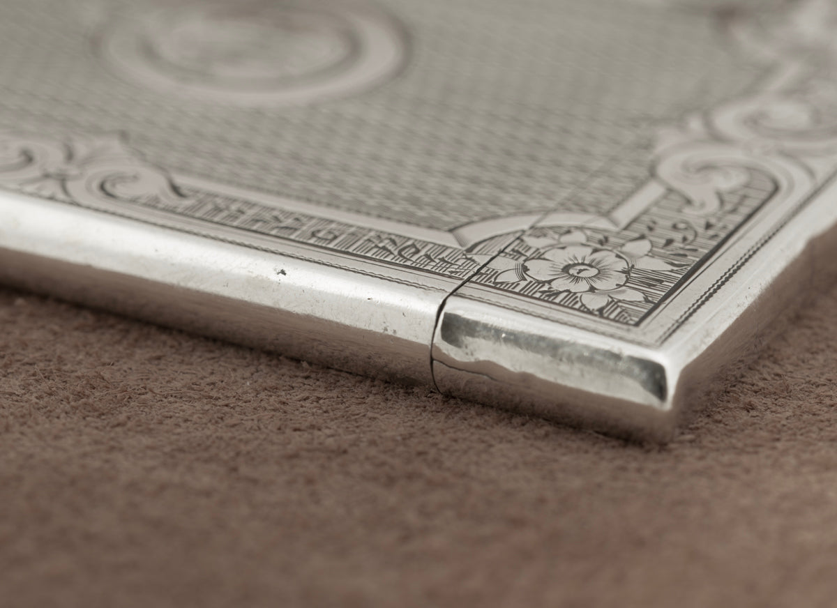 Antique Victorian Sterling Silver Card Case Engine Turned Original Fitted Case (B2266)