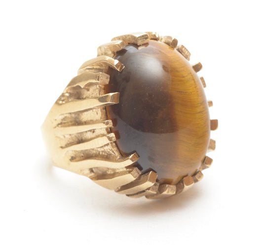 Vintage 9ct Gold Large/Heavy Brutalist Ring With Tigers Eye Cabochon 1973 (B2270)
