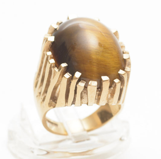 Vintage 9ct Gold Large/Heavy Brutalist Ring With Tigers Eye Cabochon 1973 (B2270)