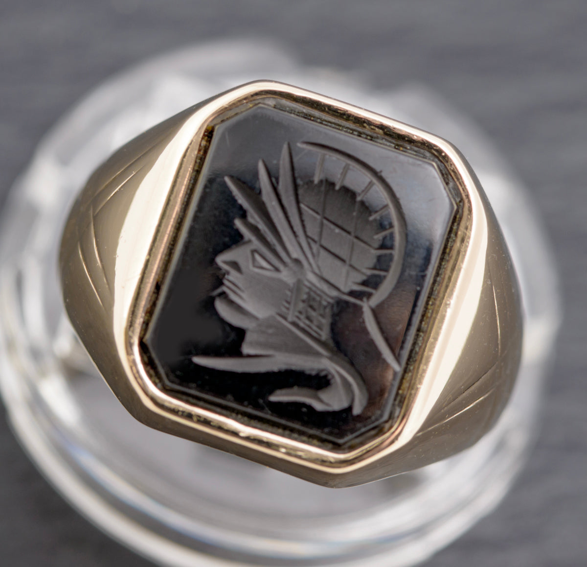 Vintage 12K Gold Signet Ring Carved Black Onyx Intaglio Centurion Cabochon (B2276)