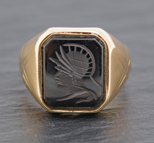 Vintage 12K Gold Signet Ring Carved Black Onyx Intaglio Centurion Cabochon (B2276)