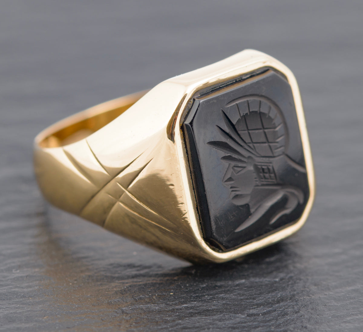 Vintage 12K Gold Signet Ring Carved Black Onyx Intaglio Centurion Cabochon (B2276)