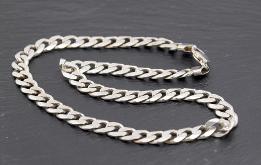 Vintage Sterling Silver Chunky Flat Curb Link Necklace 18 inch Birmingham Hallmark(B2280)