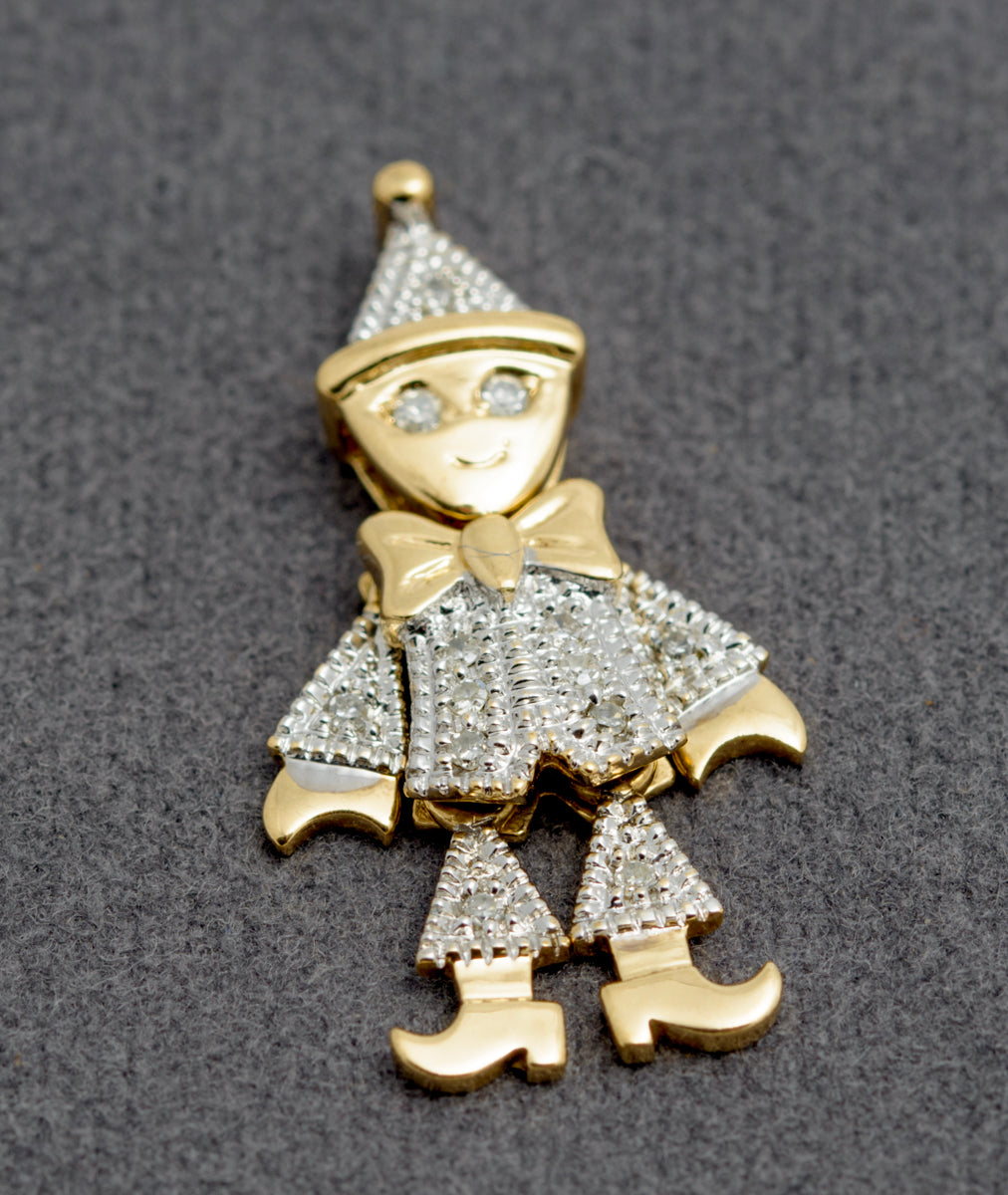 Vintage 9ct Yellow Gold & Diamond Marionette/Clown Articulated Pendant (B2293)