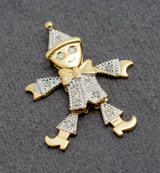Vintage 9ct Yellow Gold & Diamond Marionette/Clown Articulated Pendant (B2293)