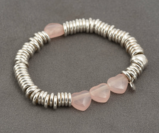 Links Of London 925 Sterling Silver Sweetie Charm Bracelet & Rose Quartz Hearts(B2316)