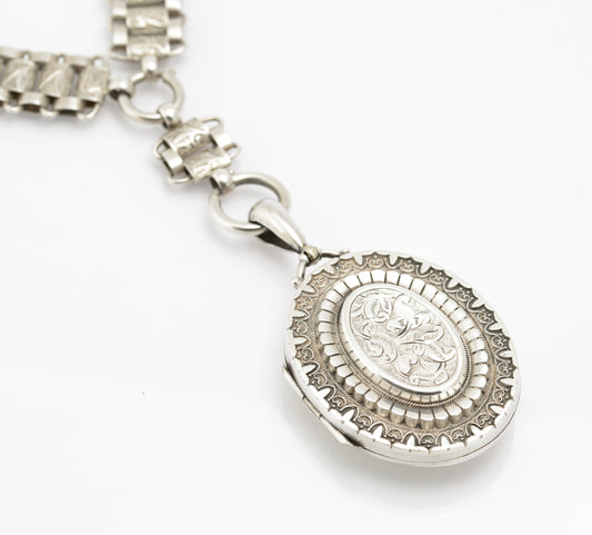 Antique Victorian Sterling Silver Locket & Aesthetic Period Book Chain Necklace (B2317)