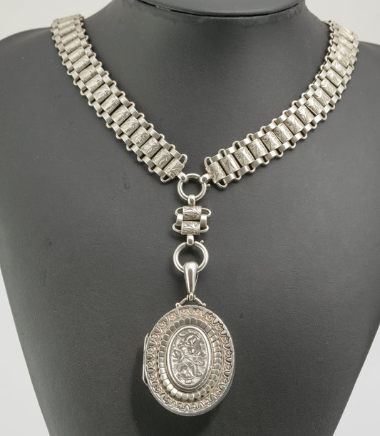 Antique Victorian Sterling Silver Locket & Aesthetic Period Book Chain Necklace (B2317)