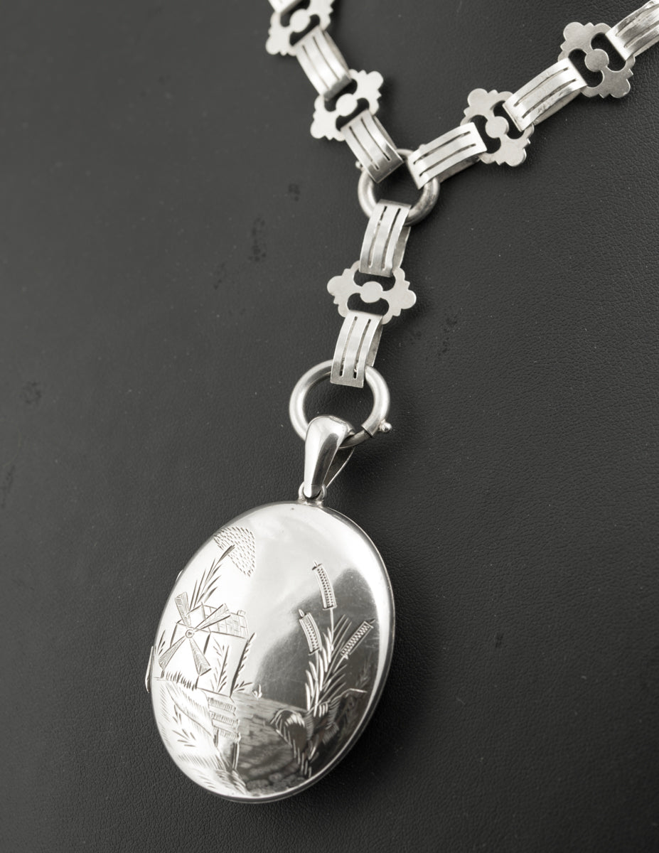 Victorian Antique Sterling Silver Book Chain & Locket Necklace c.1880 (B2322)