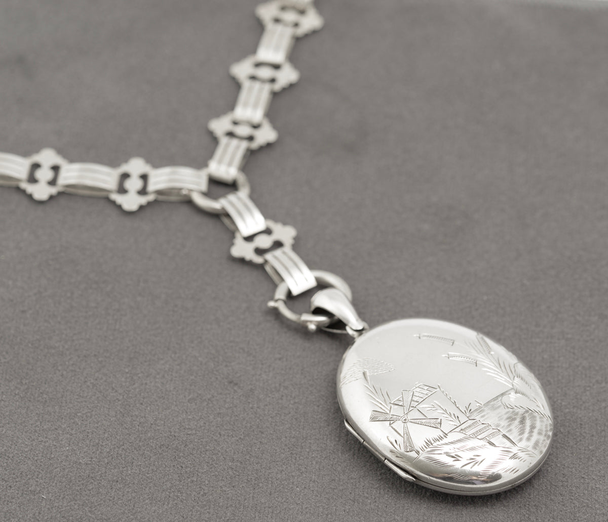 Victorian Antique Sterling Silver Book Chain & Locket Necklace c.1880 (B2322)