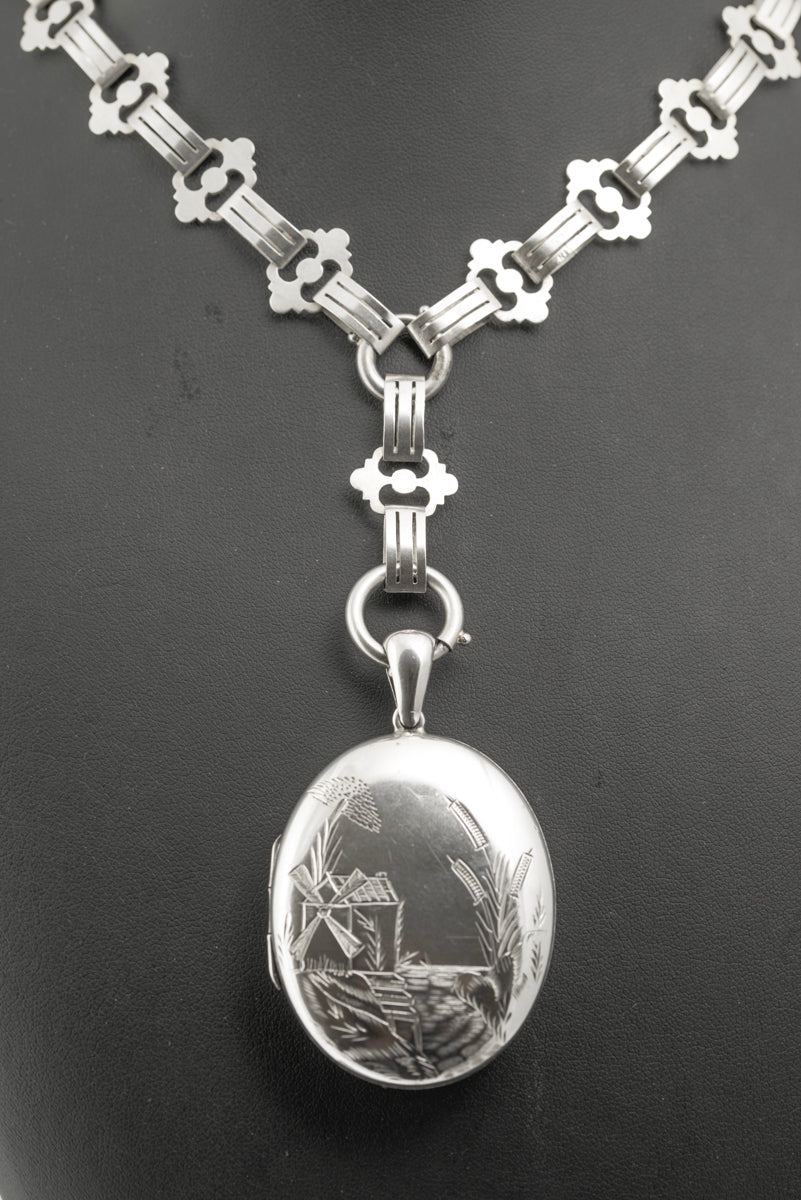 Victorian Antique Sterling Silver Book Chain & Locket Necklace c.1880 (B2322)