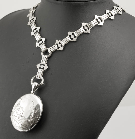 Victorian Antique Sterling Silver Book Chain & Locket Necklace c.1880 (B2322)