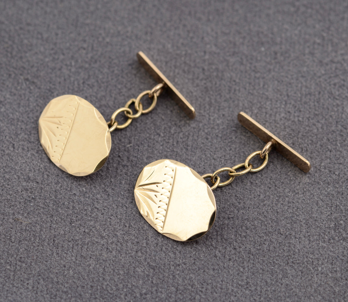 Pair Vintage 9ct Hallmarked Yellow Gold Men's Cufflinks Chain Link Oval Face (B2330)