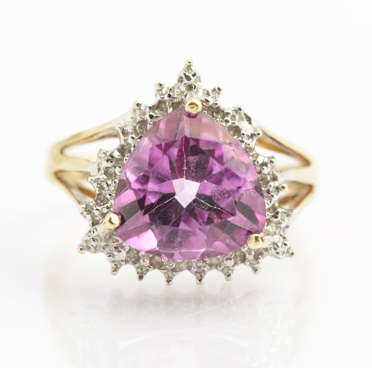 Vintage 9ct Gold Ring With Trilliant Cut Natural Pink Topaz & Diamond Halo (B2333)