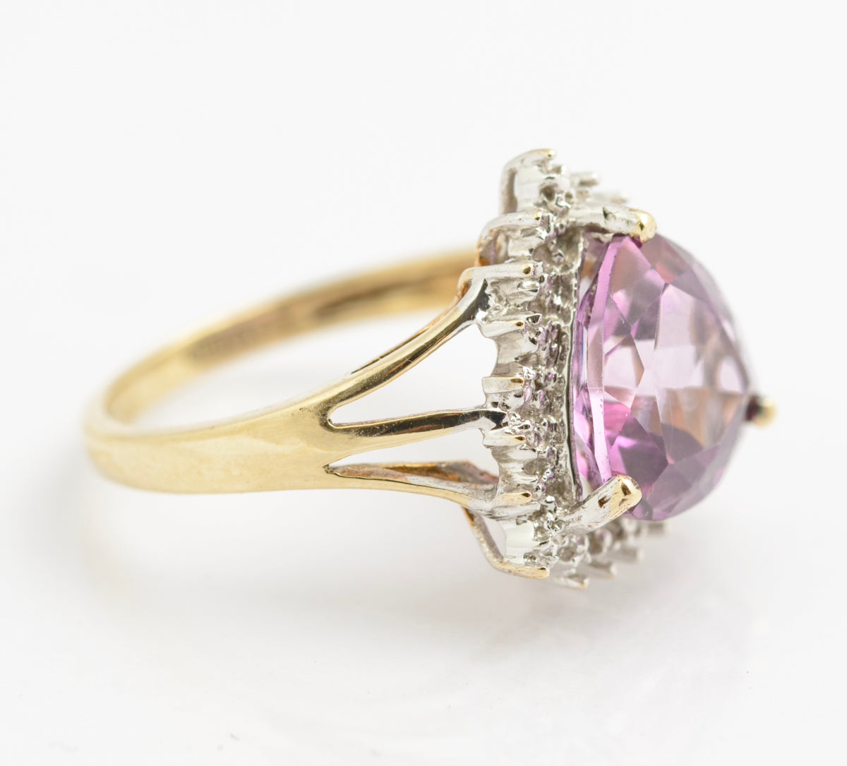 Vintage 9ct Gold Ring With Trilliant Cut Natural Pink Topaz & Diamond Halo (B2333)