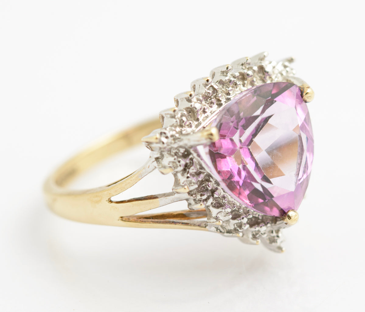 Vintage 9ct Gold Ring With Trilliant Cut Natural Pink Topaz & Diamond Halo (B2333)