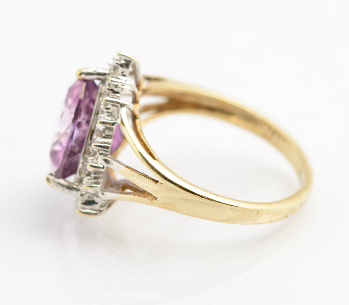Vintage 9ct Gold Ring With Trilliant Cut Natural Pink Topaz & Diamond Halo (B2333)