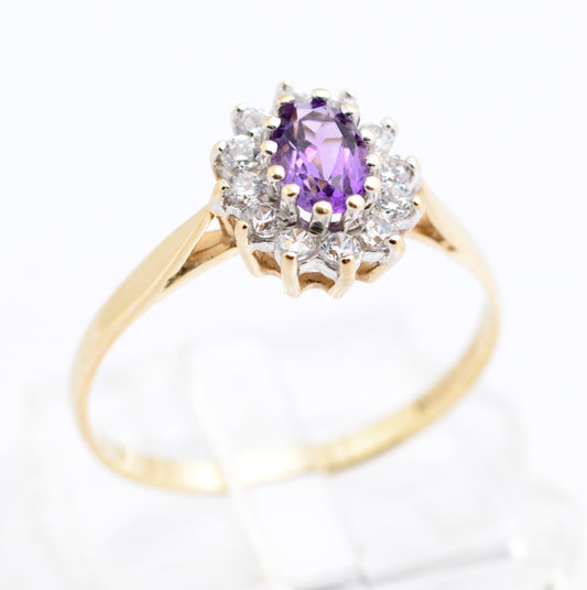 Vintage 9ct Gold & Natural Amethyst Ring With CZ Halo Size N1/2 Hallmarked (B2336)