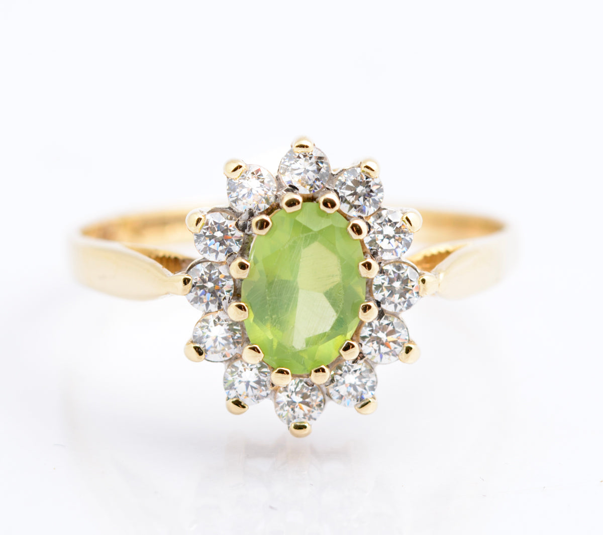 Vintage 9ct Gold Ladies Green Peridot Halo Ring With CZ's Hallmarked Size O (B2337)