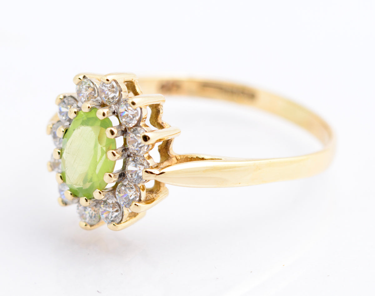 Vintage 9ct Gold Ladies Green Peridot Halo Ring With CZ's Hallmarked Size O (B2337)