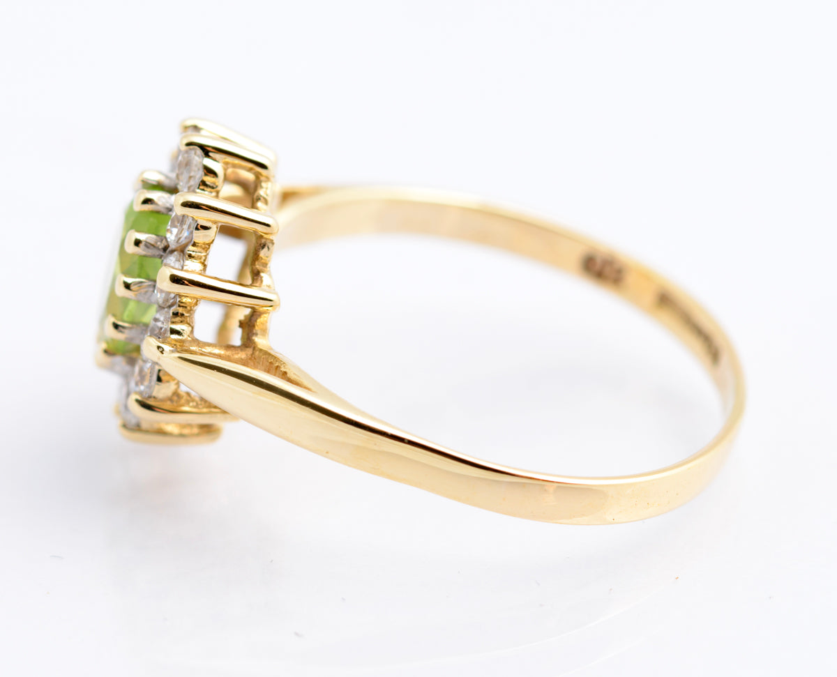 Vintage 9ct Gold Ladies Green Peridot Halo Ring With CZ's Hallmarked Size O (B2337)