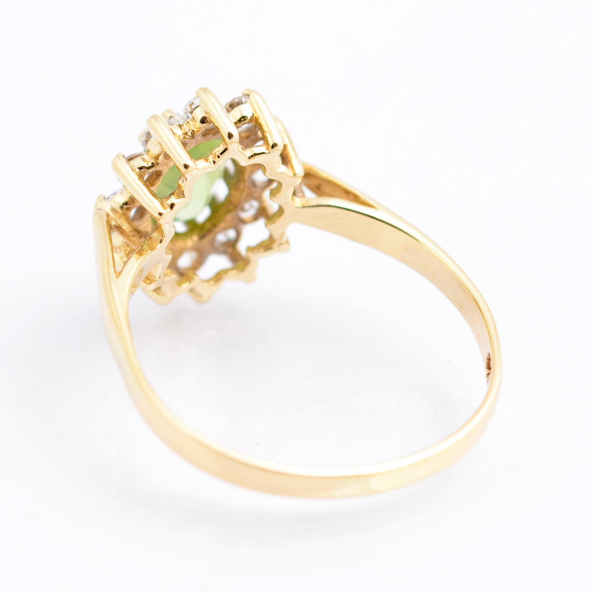 Vintage 9ct Gold Ladies Green Peridot Halo Ring With CZ's Hallmarked Size O (B2337)
