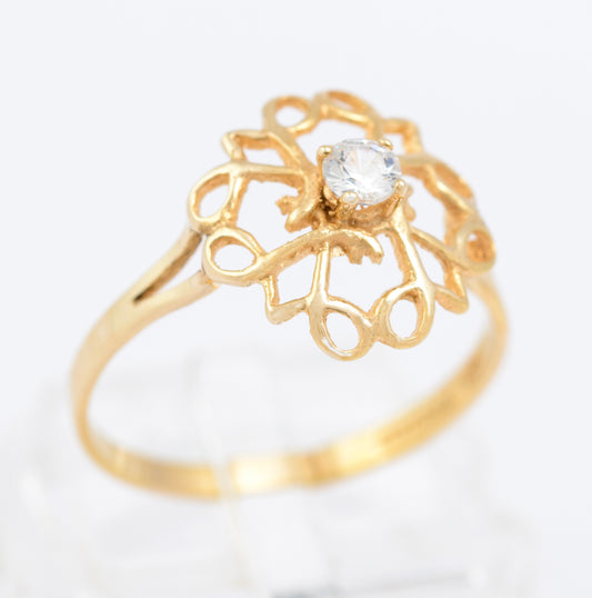 Vintage 9ct Gold Ladies Open Work Ring With CZ Solitaire Gem Hallmarked 1986 (B2339)