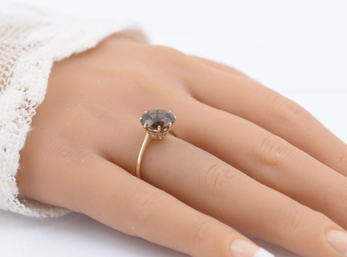 Vintage 1970's 9ct Hallmarked Gold Smoky Quartz Elegant Solitaire Ring Size O (B2341)