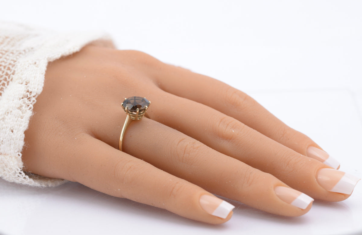 Vintage 1970's 9ct Hallmarked Gold Smoky Quartz Elegant Solitaire Ring Size O (B2341)
