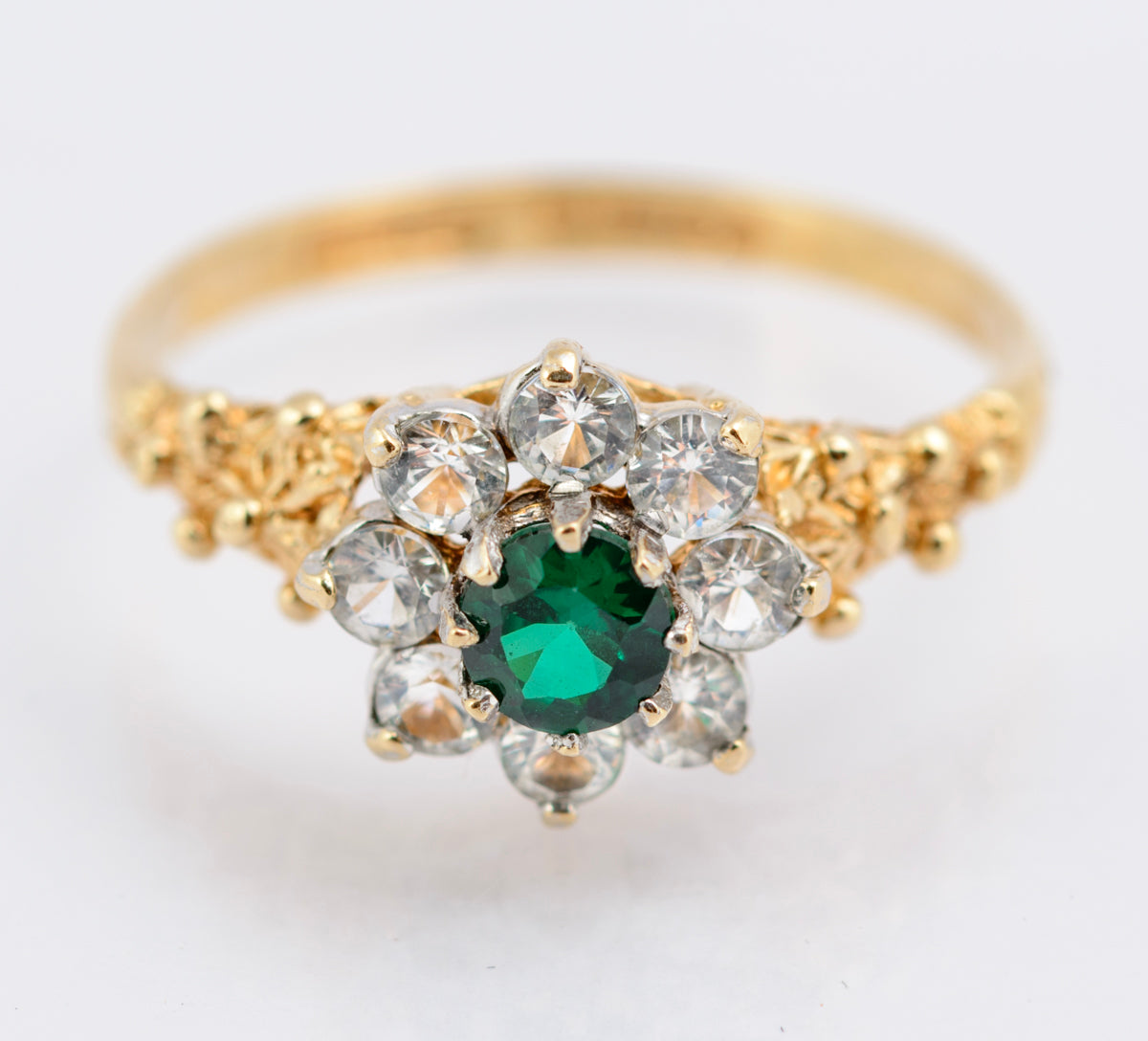 Vintage 9ct Yellow Gold Ring Chrome Diopside Gem With Quartz Halo Size N1/2 (B2346)