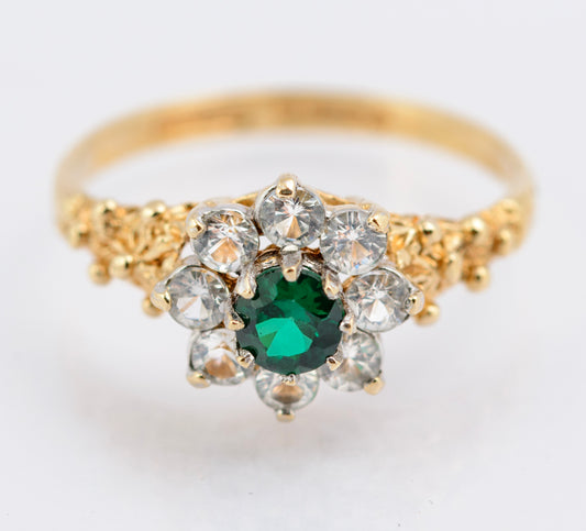 Vintage 9ct Yellow Gold Ring Chrome Diopside Gem With Quartz Halo Size N1/2 (B2346)