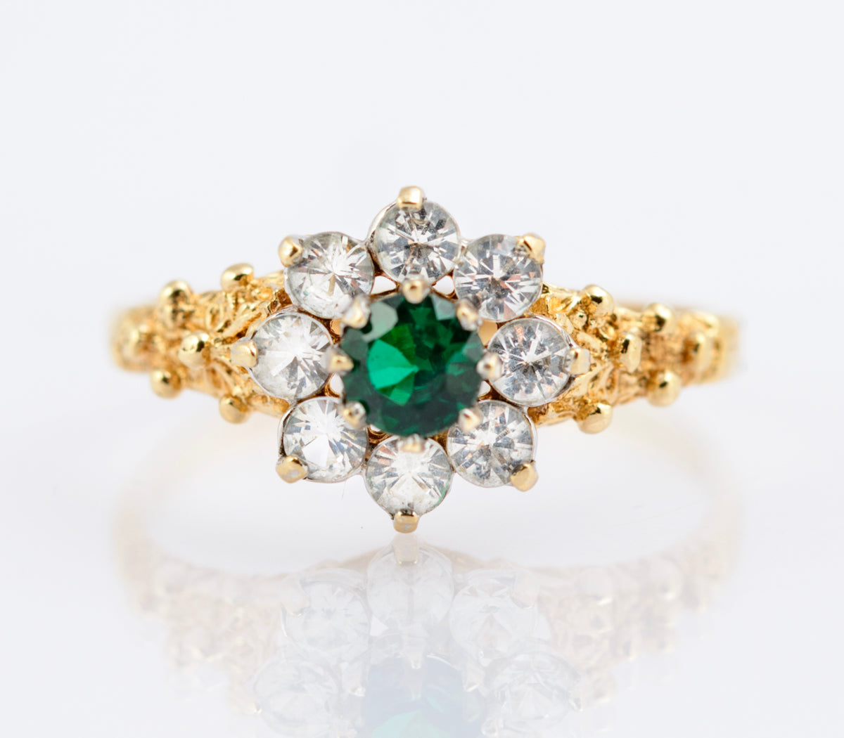 Vintage 9ct Yellow Gold Ring Chrome Diopside Gem With Quartz Halo Size N1/2 (B2346)