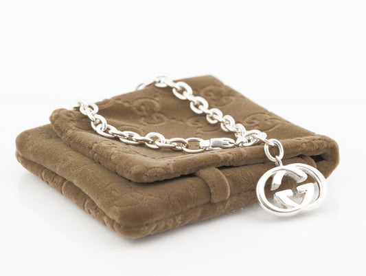 Original Gucci Sterling Silver Double G Logo Charm Bracelet With Pouch (B2358)