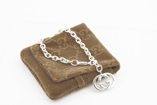 Original Gucci Sterling Silver Double G Logo Charm Bracelet With Pouch (B2358)