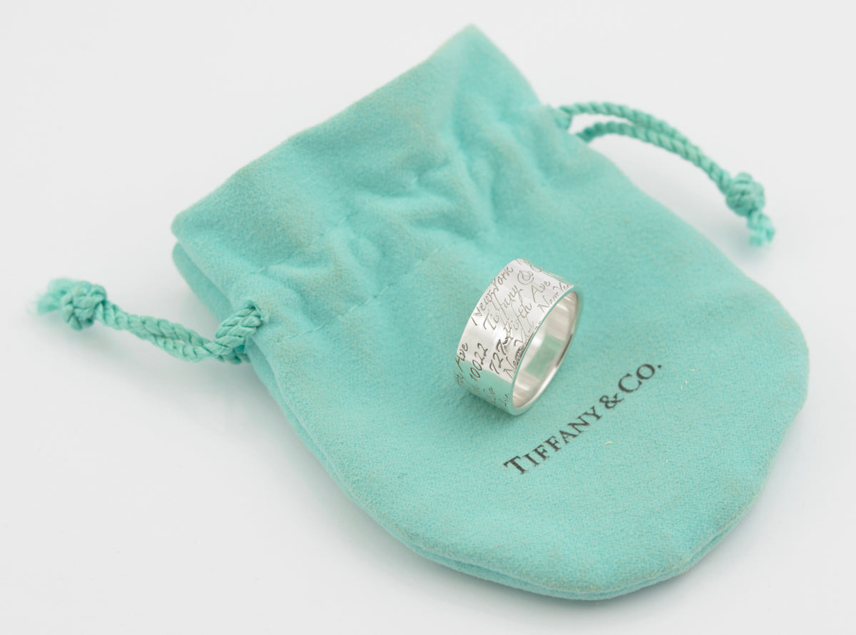 Tiffany & Co Sterling Silver Wide Band Notes Script Ring Size Q1/2 With Pouch (B2359)