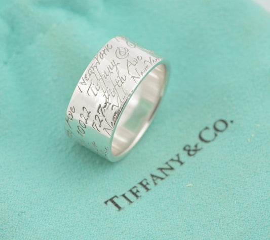 Tiffany & Co Sterling Silver Wide Band Notes Script Ring Size Q1/2 With Pouch (B2359)