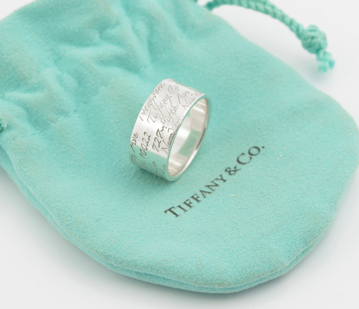 Tiffany & Co Sterling Silver Wide Band Notes Script Ring Size Q1/2 With Pouch (B2359)