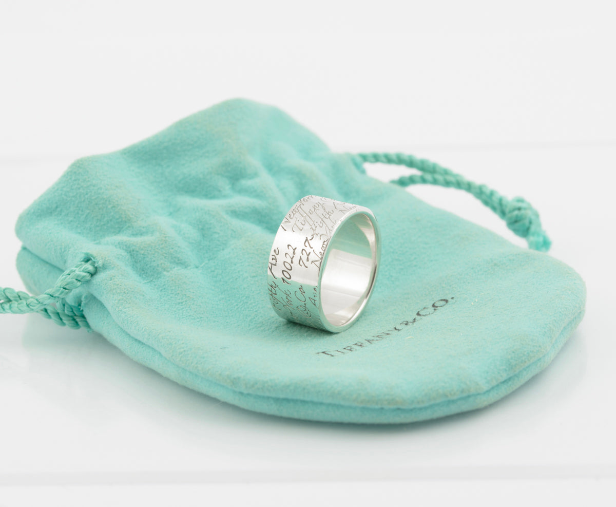 Tiffany & Co Sterling Silver Wide Band Notes Script Ring Size Q1/2 With Pouch (B2359)