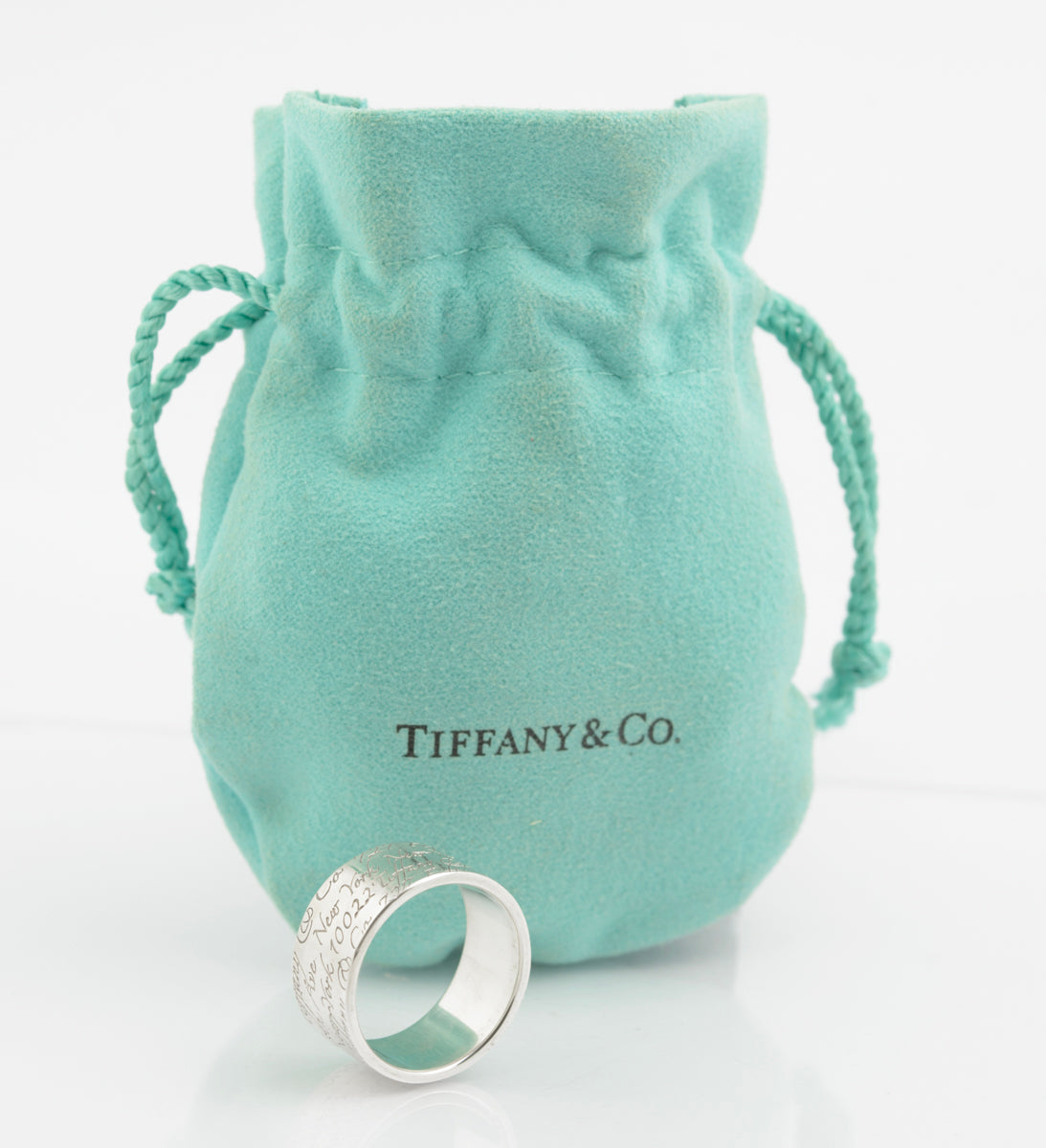 Tiffany & Co Sterling Silver Wide Band Notes Script Ring Size Q1/2 With Pouch (B2359)
