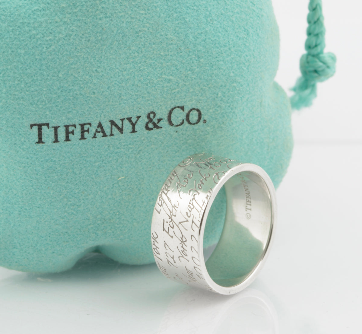 Tiffany & Co Sterling Silver Wide Band Notes Script Ring Size Q1/2 With Pouch (B2359)