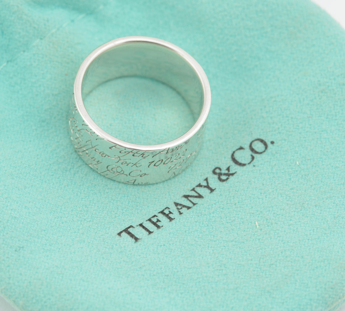 Tiffany & Co Sterling Silver Wide Band Notes Script Ring Size Q1/2 With Pouch (B2359)