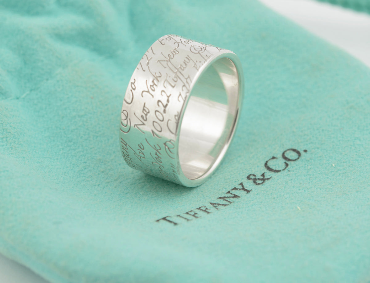 Tiffany & Co Sterling Silver Wide Band Notes Script Ring Size Q1/2 With Pouch (B2359)