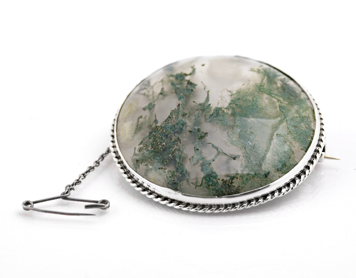 Antique Victorian Scottish .800 Silver & Large Moss Agate Cabochon Round Brooch (B2363)