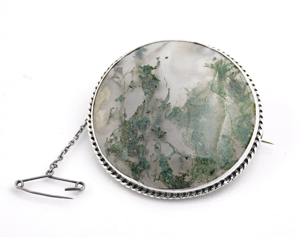 Antique Victorian Scottish .800 Silver & Large Moss Agate Cabochon Round Brooch (B2363)