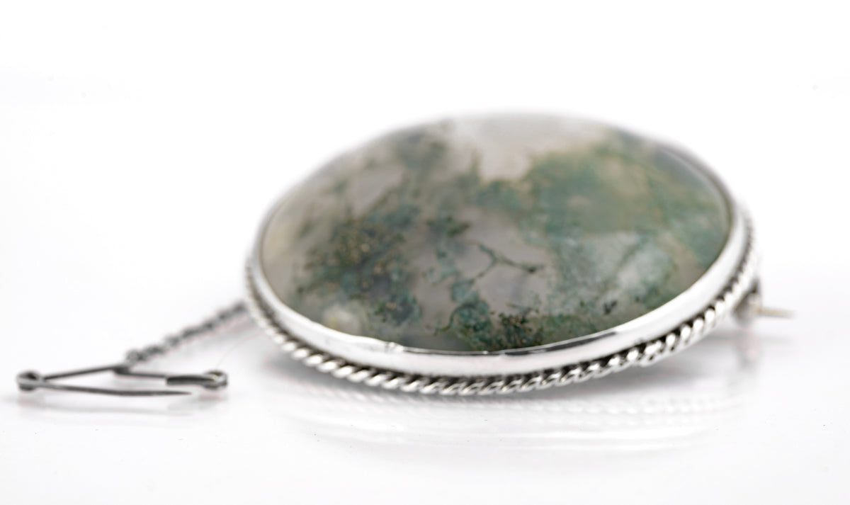 Antique Victorian Scottish .800 Silver & Large Moss Agate Cabochon Round Brooch (B2363)