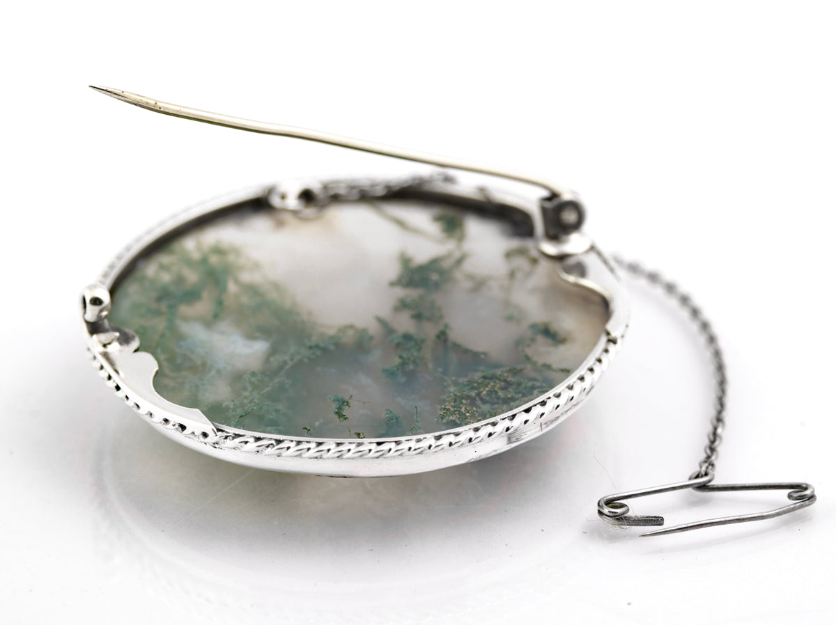 Antique Victorian Scottish .800 Silver & Large Moss Agate Cabochon Round Brooch (B2363)