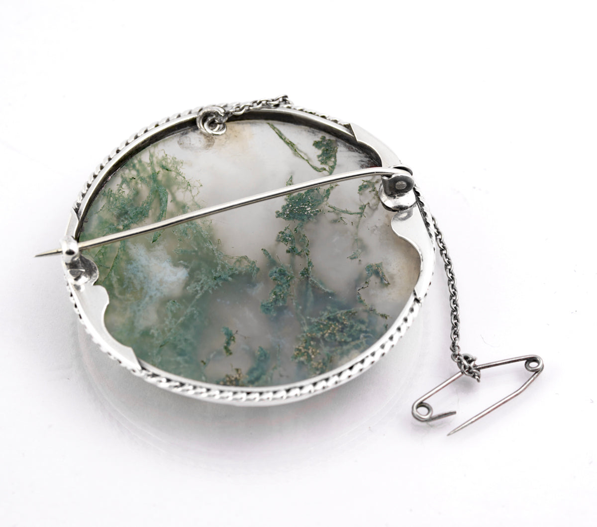 Antique Victorian Scottish .800 Silver & Large Moss Agate Cabochon Round Brooch (B2363)