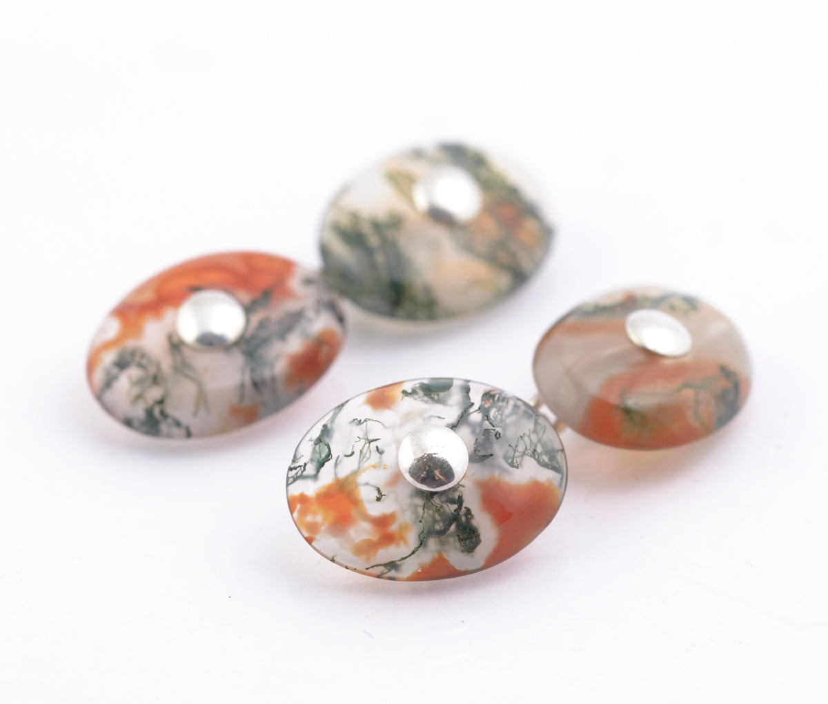 Pair Antique Cufflinks Scottish Moss Agate Cabochon & .800 Silver Men's (B2364)