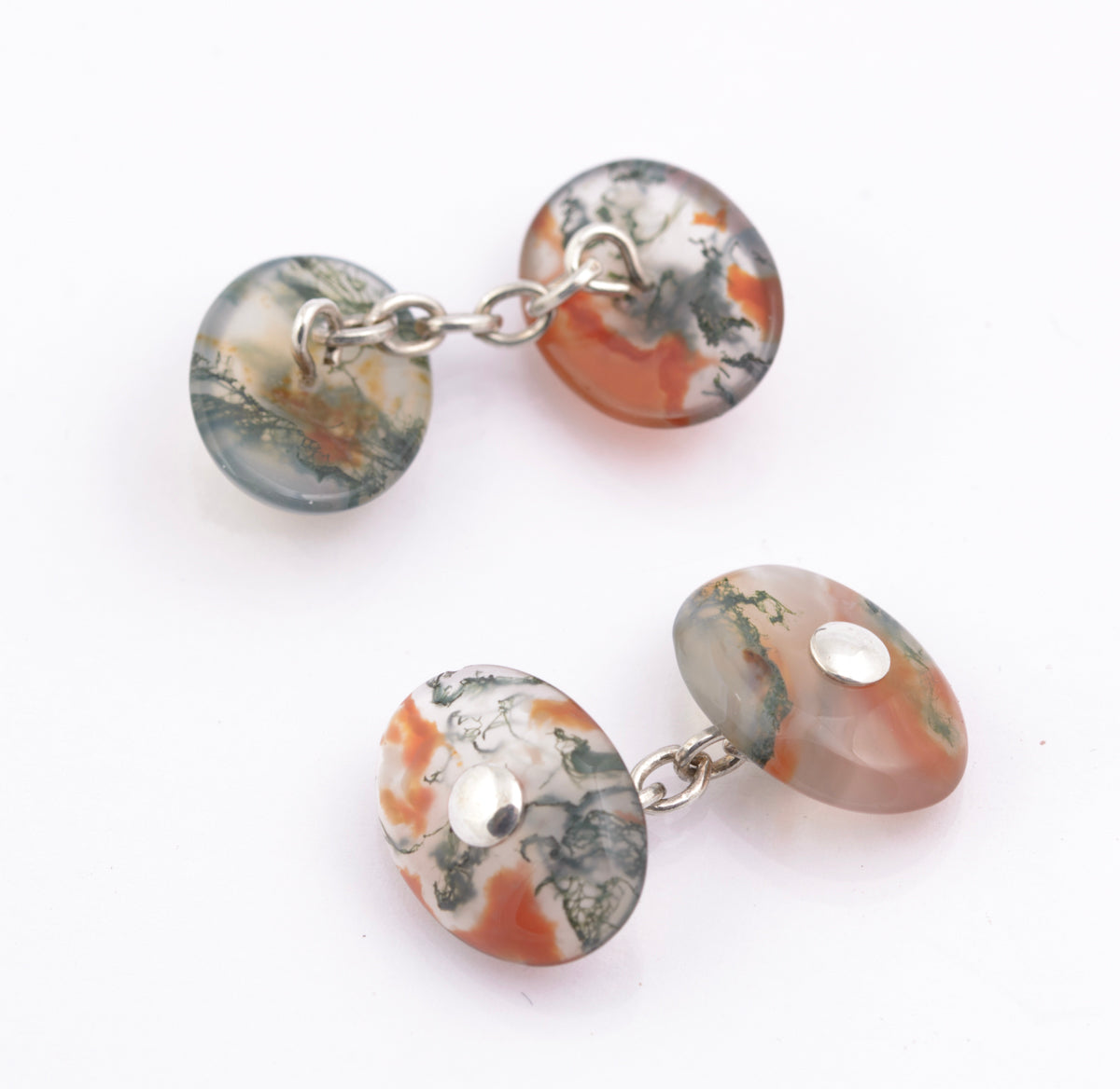 Pair Antique Cufflinks Scottish Moss Agate Cabochon & .800 Silver Men's (B2364)
