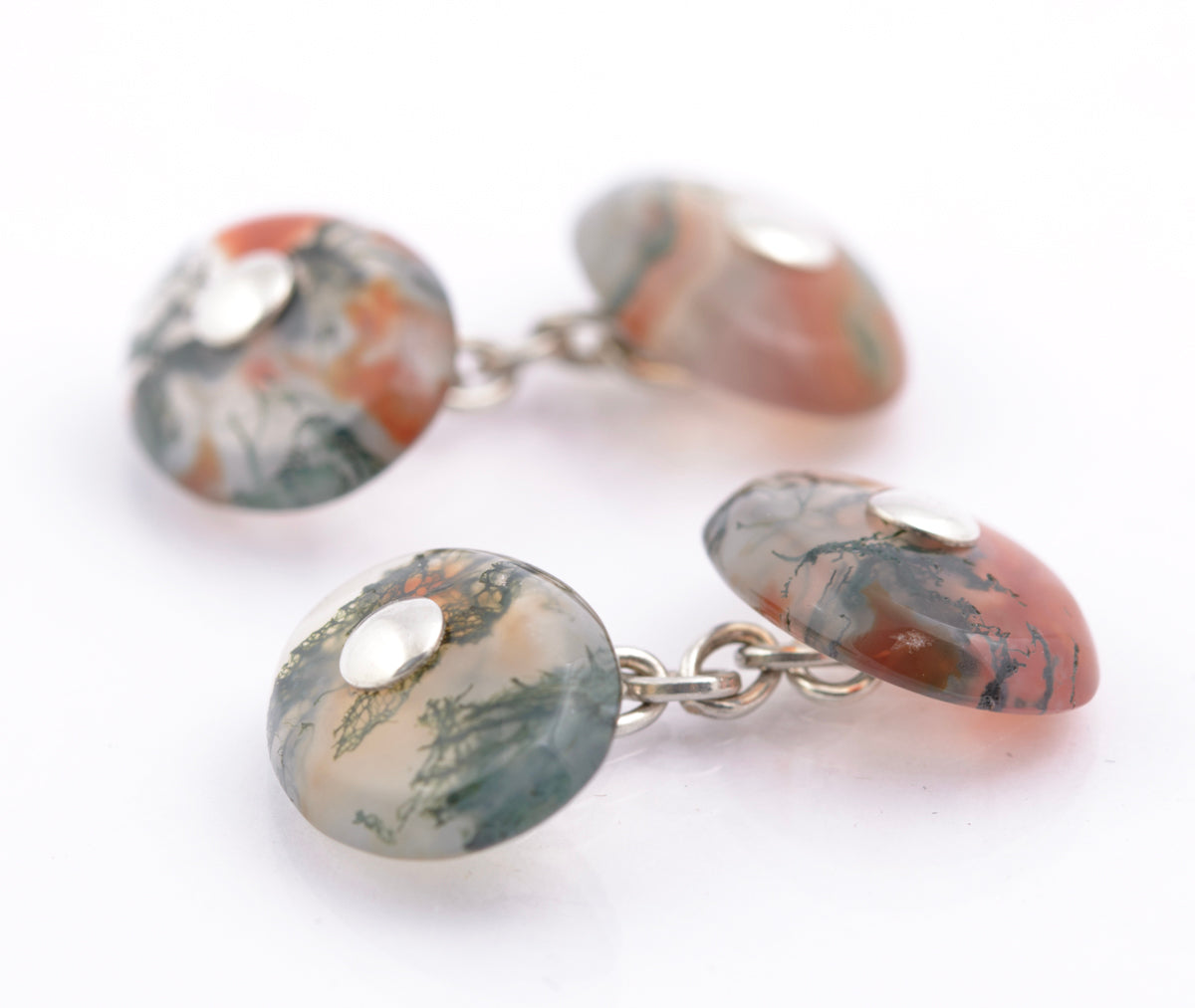 Pair Antique Cufflinks Scottish Moss Agate Cabochon & .800 Silver Men's (B2364)